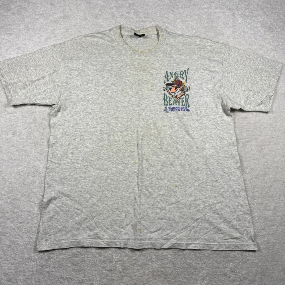 Vintage 1994 Angry Beaver Logging Camp T Shirt Mens 2XL Gray Single Stitch USA